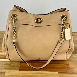 Coach Edie Leather‎ Turnlock Chain Shoulder Bag Satchel Purse Handbag Beige Gold